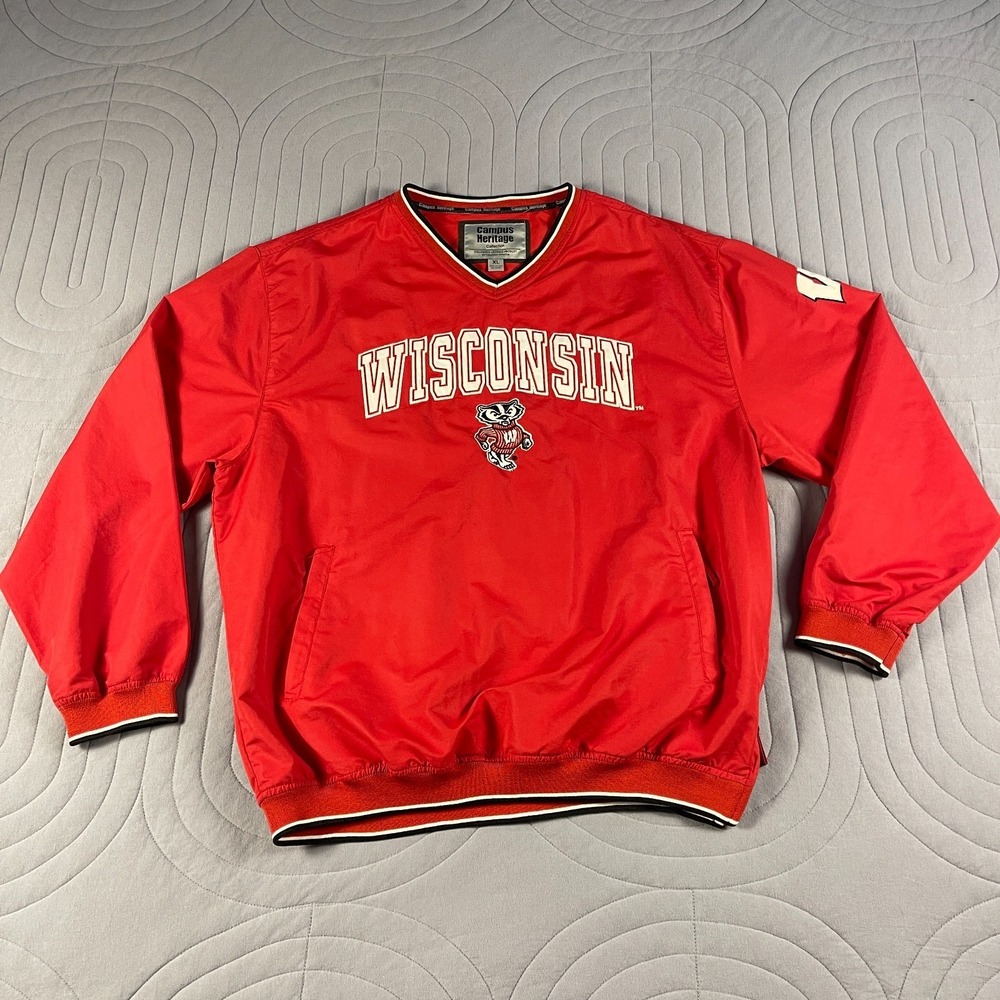 Vintage Wisconsin Badgers Campus Heritage Windbreaker Pullover Jacket Sz XL Red
